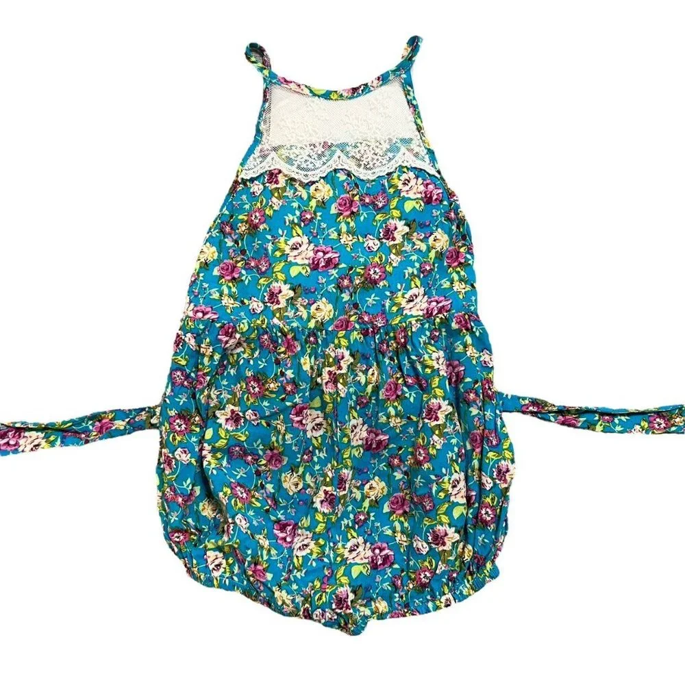 Ju Ju Sz 2 Bold Floral & Lace Halter Bubble Romper